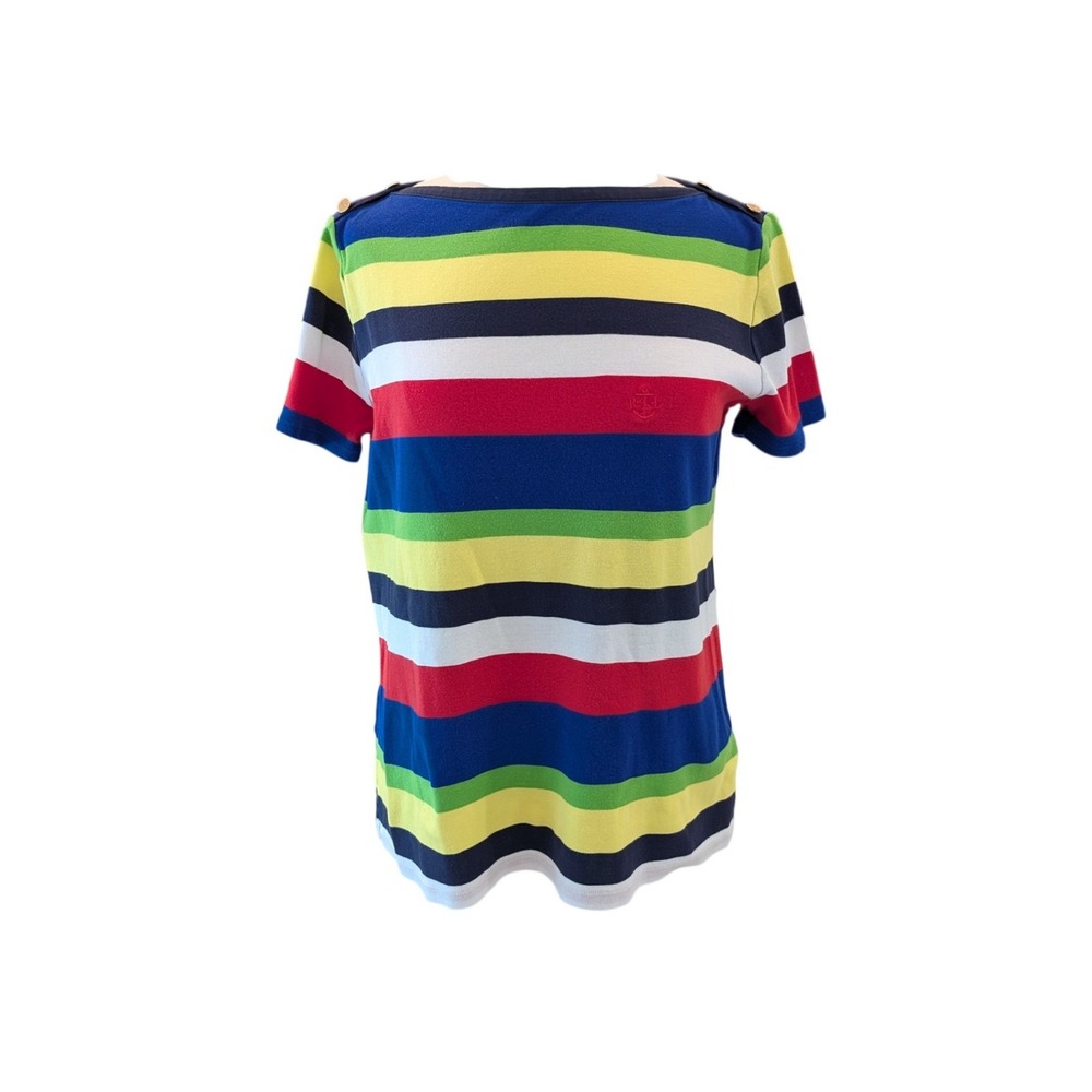 Lauren Ralph Lauren Womens 1X Multi Color Striped Boat Neck Button Shoulder Top‎